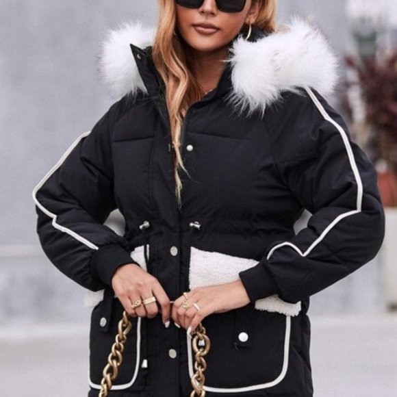 THE IT FACTOR Faux fur Trim Hooded Puffer Coat Bla - Picture 4 of 8